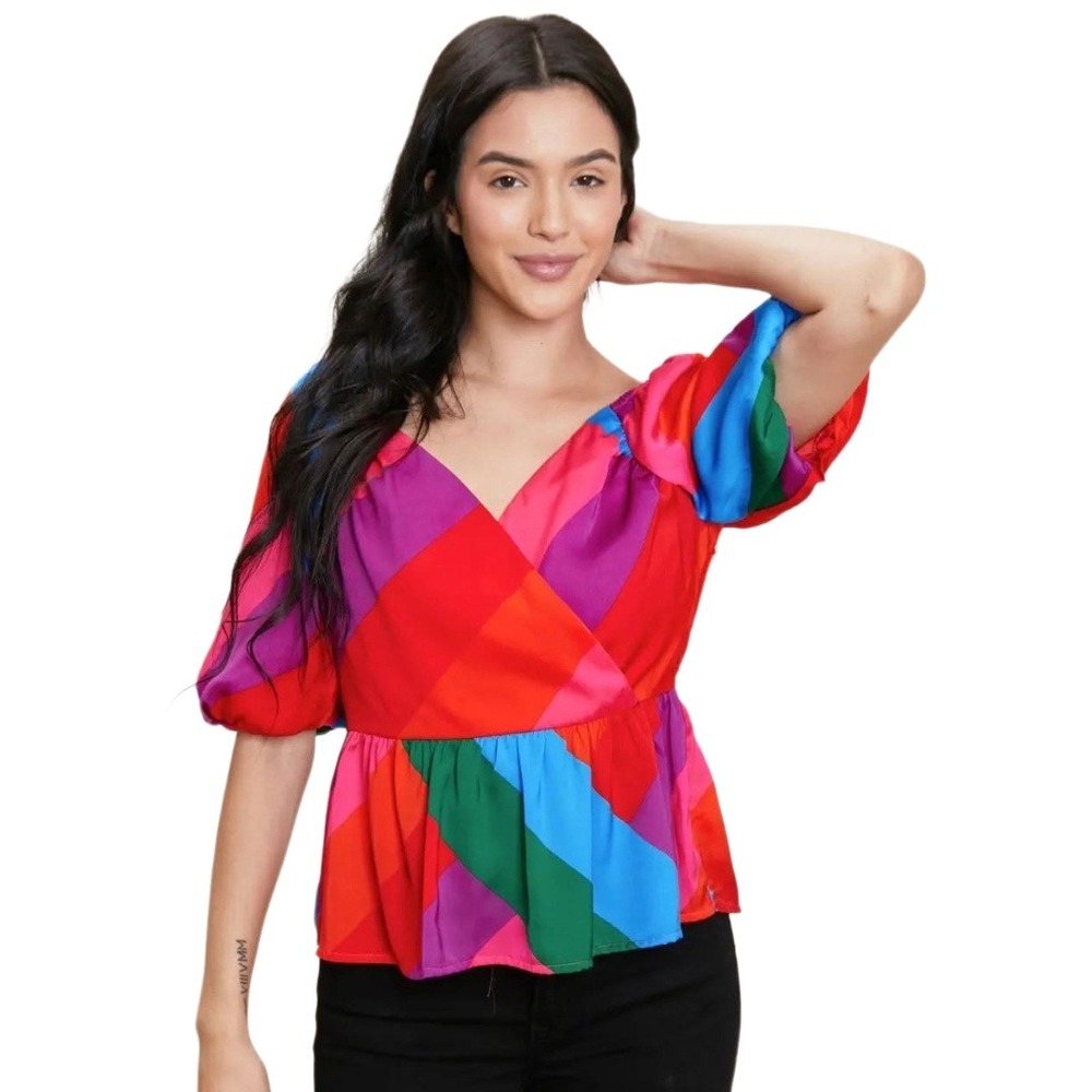 Rainbow Geometric‎ Puff Sleeve Peplum Top Blouse Summer Maximalist Dopamine